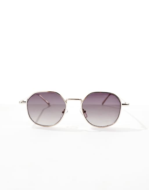 ASOS DESIGN - Runde, vinklede solbriller med røgfarvede, graduerede glas og stel i lys guldfarve, 4 af 4