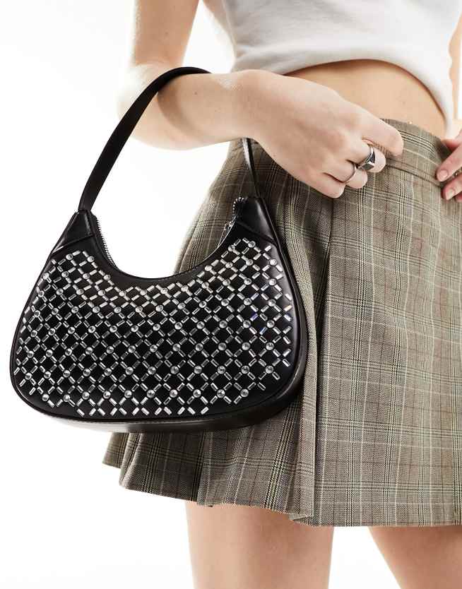 ASOS DESIGN - Rundet sort skuldertaske med hotfix rhinsten