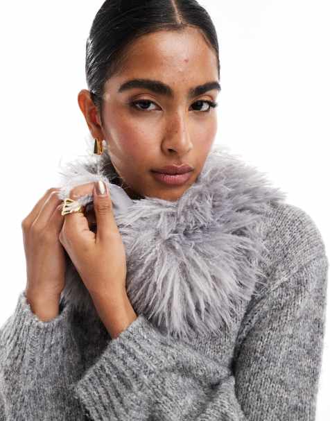 ASOS DESIGN – Rundschal mit langhaarigem Kunstpelz-Design in Grau - view 1