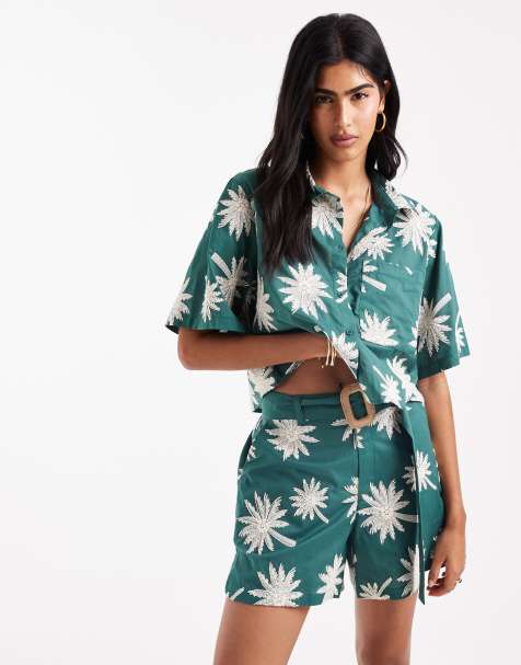 ASOS DESIGN runner shorts with embroidery and belt detail co-ord in green