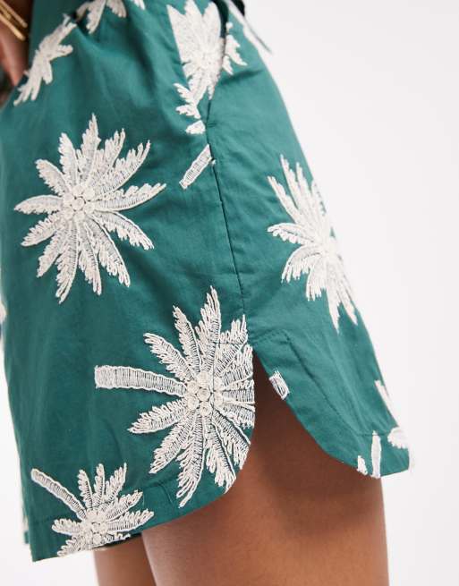 ASOS DESIGN runner shorts with embroidery and belt detail co-ord in green, 2 of 5