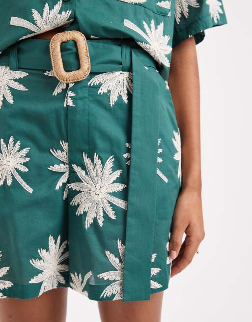 ASOS DESIGN runner shorts with embroidery and belt detail co-ord in green, 4 of 5