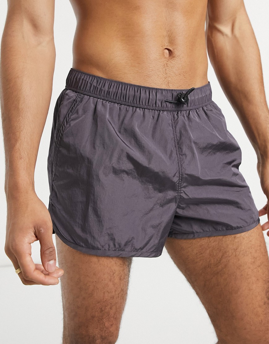 ASOS DESIGN runner super short swim shorts with bungee cord fastening in charcoal-Gray
