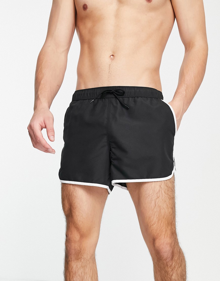 ASOS DESIGN runner swim shorts in black with contrast white piping