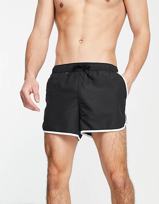 ASOS DESIGN runner swim shorts in black with contrast white piping | ASOS