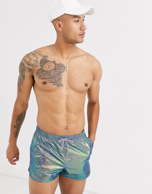 ASOS DESIGN runner swim shorts in irridescent metallic