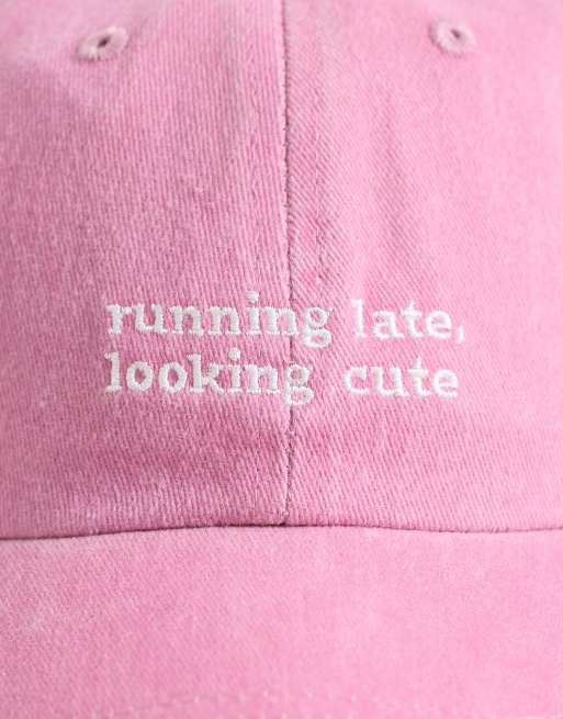 ASOS DESIGN Running Late slogan cap in washed pink, 2 of 3