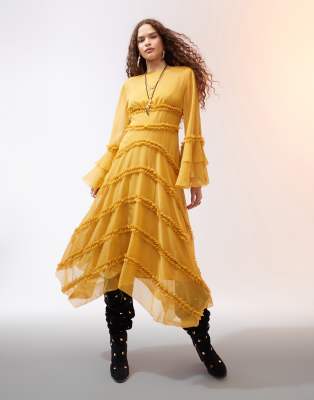 ASOS DESIGN - Rüschenkleid in Ocker mit gestuftem Saum und voluminösen, gerüschten Ärmeln-Gelb