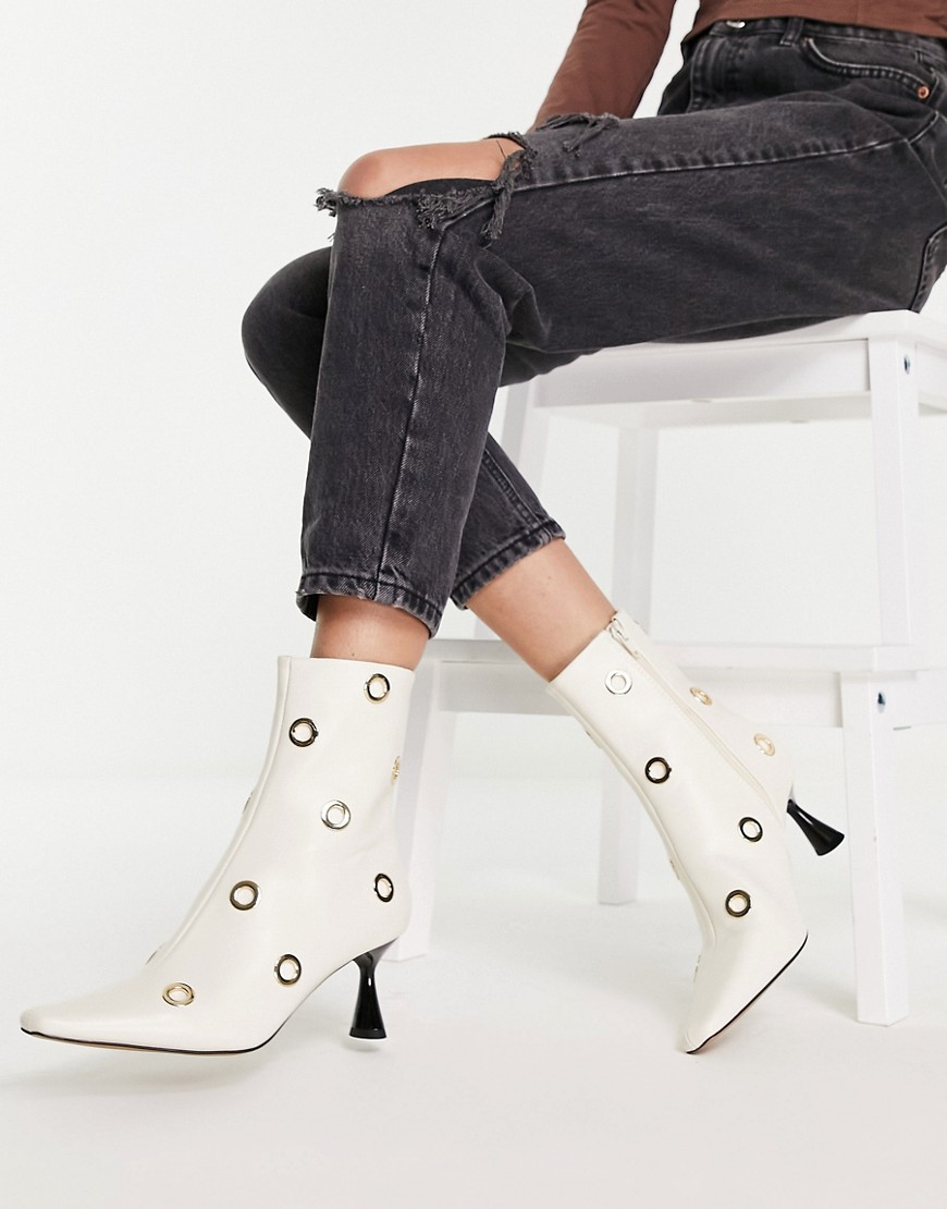 ASOS DESIGN Rush mid-heeled boots with hardware detail in natural-Neutral