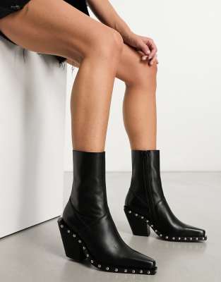 Asos Design Russo Leather Western Boots With Studs In Black