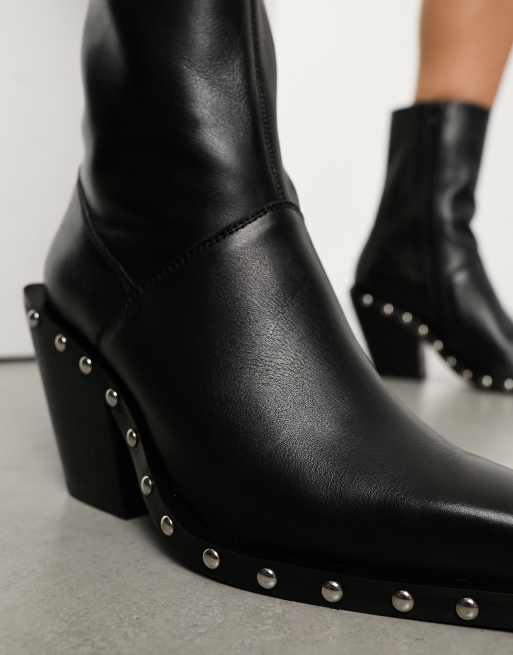 ASOS DESIGN Russo leather western boots with studs in black ASOS