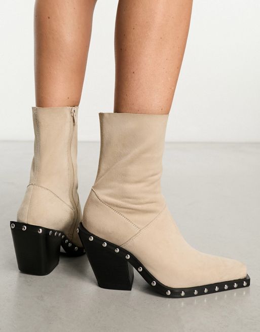 ASOS DESIGN Russo leather western boots with studs in off-white suede