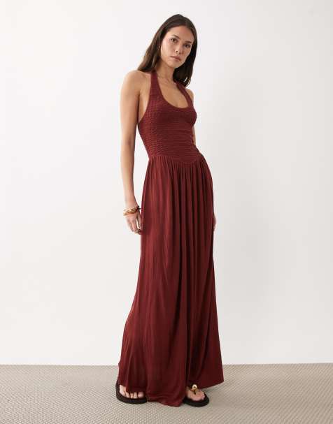 ASOS DESIGN - Rustbrun midikjole med halterneck i krølstof - view 1