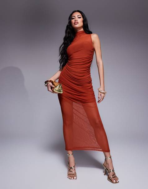 ASOS DESIGN - Rustfarvet kjole med drapering, rynker og ud-i-ét-krave i mesh - view 1