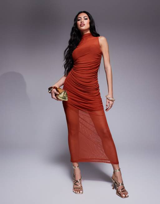 ASOS DESIGN - Rustfarvet kjole med drapering, rynker og ud-i-ét-krave i mesh