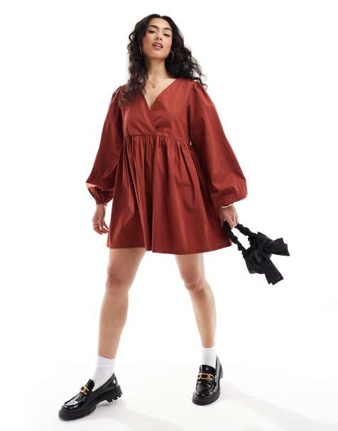 ASOS DESIGN - Rustfarvet mini-smockkjole med V-hals i bomuld - view 1