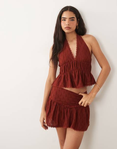 ASOS DESIGN - Rustfarvet mininederdel med blondekanter og broderier - view 1