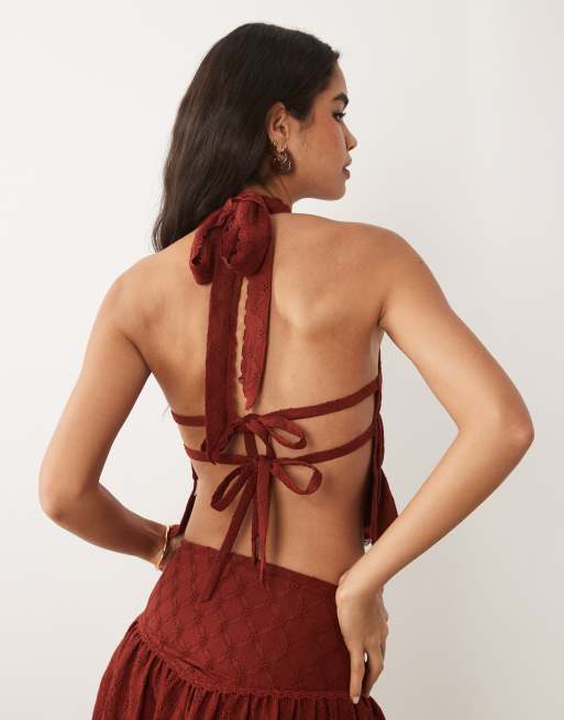 ASOS DESIGN - Rustfarvet top med halterneck, blondekanter og broderier, 3 af 4