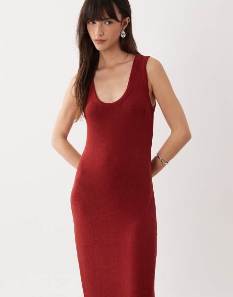 ASOS DESIGN - Rustrød let maxikjole i bouclé med dyb rund hals - view 1