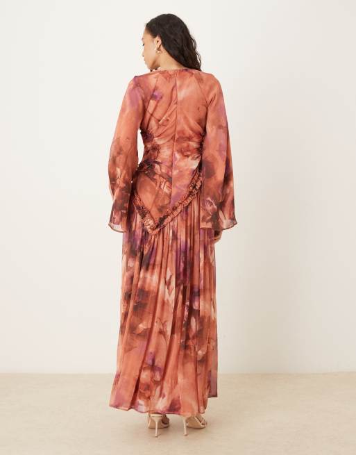 ASOS DESIGN - Rustrød maxikjole i rynket chiffon med stofsamlingsdetalje samt mikroflæser, 3 af 4