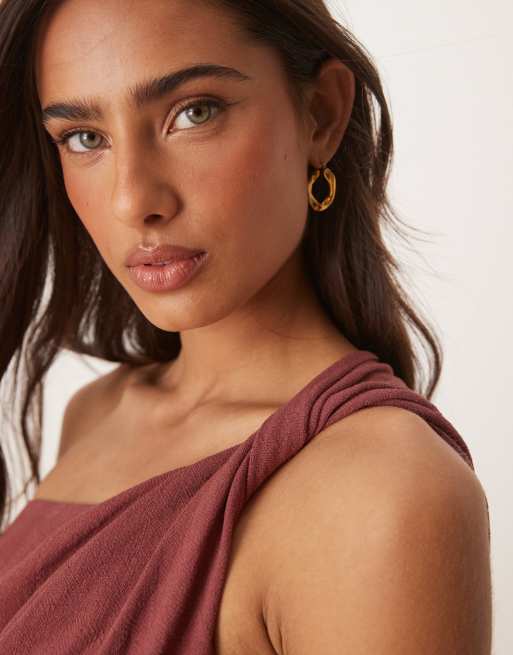 ASOS DESIGN - Rustrød midikjole med snoet skulder og slå-om-nederdel i hør, 3 af 4
