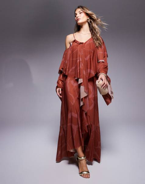 ASOS DESIGN - Rustrød offshoulder-maxikjole med volumen og oversized flæser i abstrakt print - view 1
