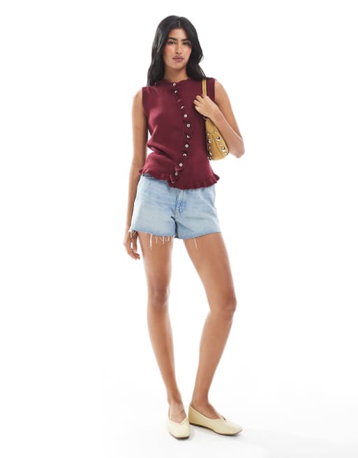 ASOS DESIGN - Rustrød tanktop i strik med uregelmæssig knapstolpe og flæsekant, 3 af 4