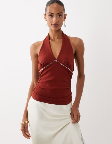 ASOS DESIGN - Rustrød top med halterneck, perledetaljer og rynker i kompakt bomuld - view 1