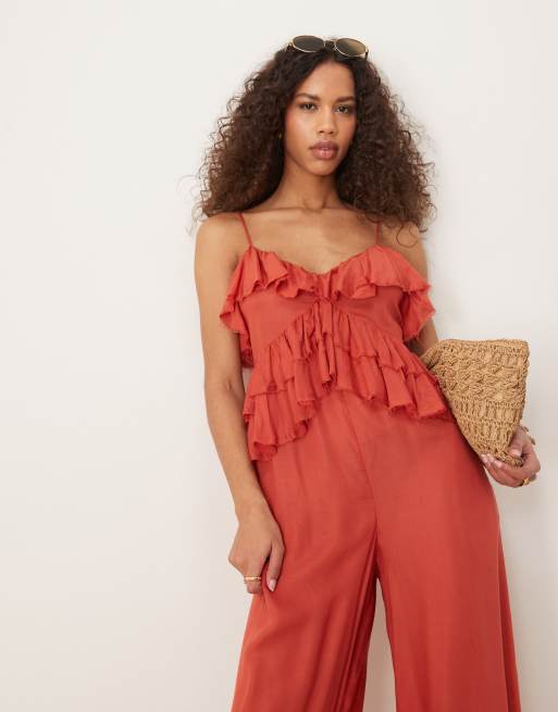 ASOS DESIGN - Rustrødt jumpsuit med skåle, rynket ryg og flæser i mikro-viskose, 4 af 4