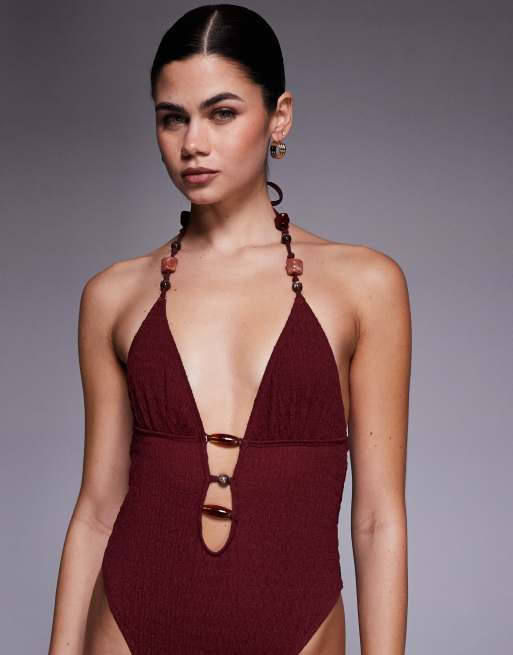 ASOS DESIGN - Ruth - Diepuitgesneden badpak met uitsnijding en accent van hars in bordeauxrood, 4 van 4