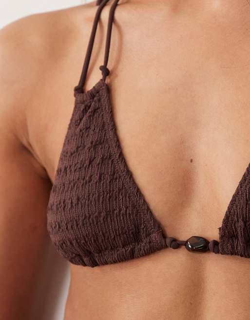 ASOS DESIGN Ruthie textured double strap triangle bikini top with resin bead trim in brown, 2 of 4