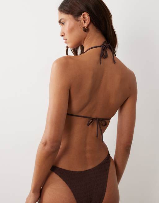 ASOS DESIGN Ruthie textured double strap triangle bikini top with resin bead trim in brown, 3 of 4
