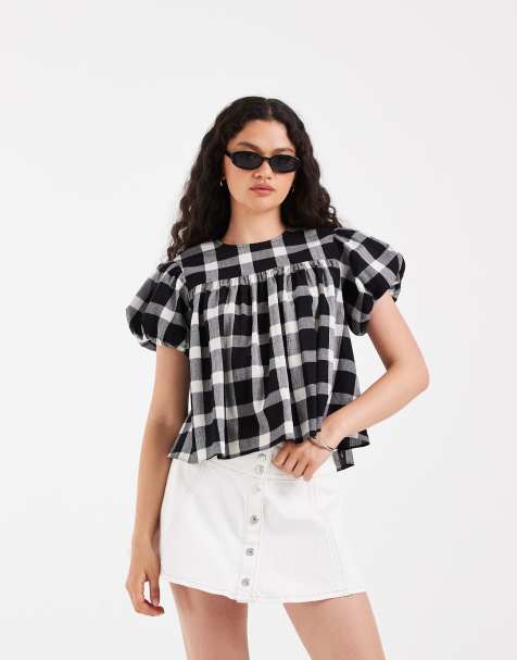 ASOS DESIGN – Rutig babydoll-topp med smock och puffärmar - view 1