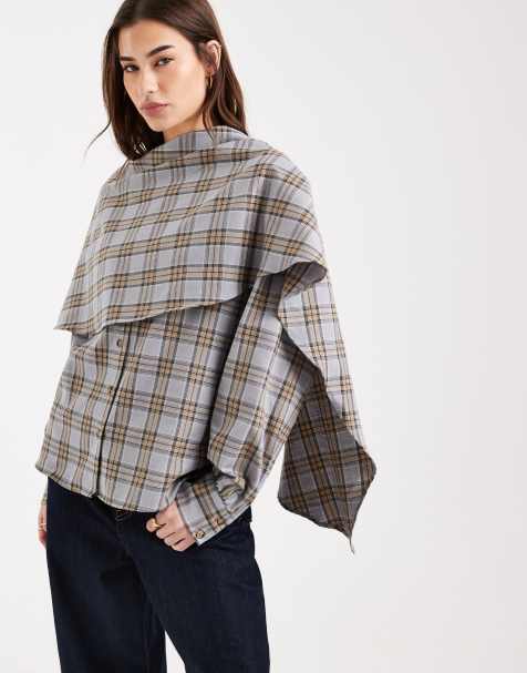 ASOS DESIGN – Rutig, borstad blus med cape - view 1