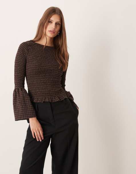 ASOS DESIGN – Rutig, borstad och smockad topp med utsvängda ärmar - view 1