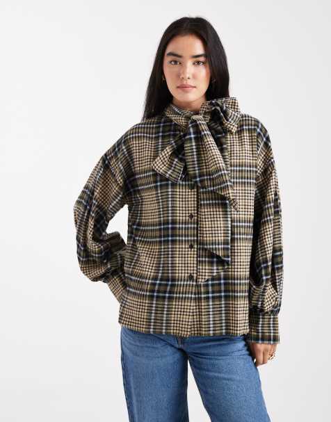 ASOS DESIGN – Rutig, borstad skjorta i oversize med rosett vid halsen - view 1