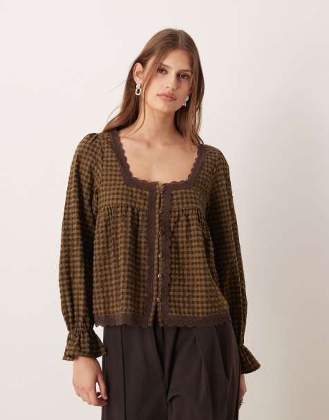 ASOS DESIGN – Rutig, borstad topp i babydoll-stil med spetskanter - view 1