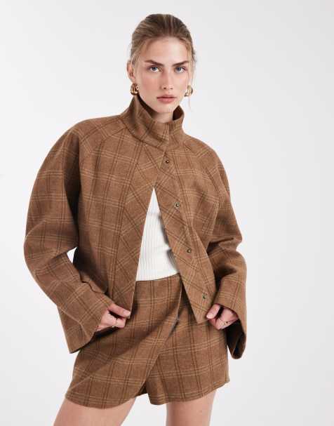 ASOS DESIGN – Rutig, figursydd, kort jacka med ståkrage och borstad finish, del av set - view 1