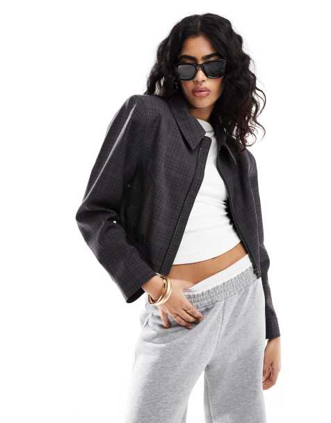 ASOS DESIGN – Rutig, kort bomberjacka med krage - view 1