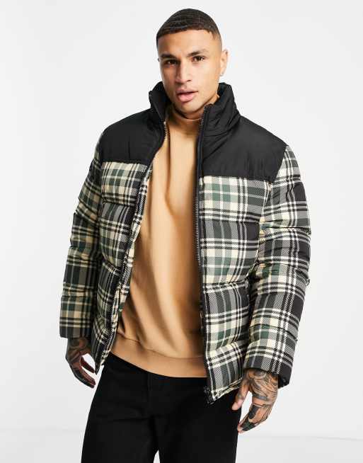 ASOS DESIGN – Rutig pufferjacka med kontrastfärgad panel 