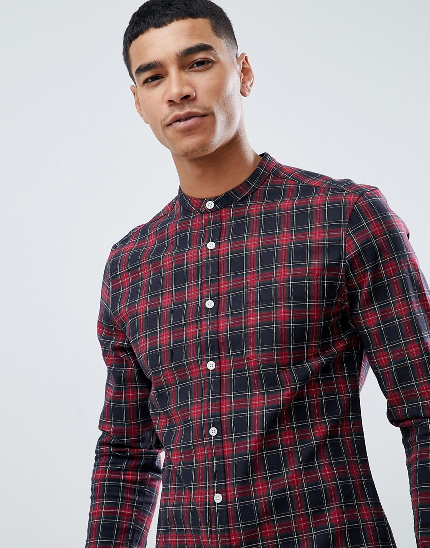 ASOS DESIGN – Rutig skjorta med extra smal passform och farfarskrage-Marinblå