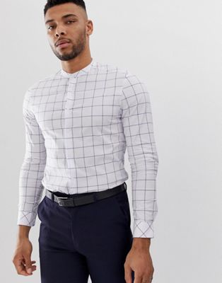 ASOS DESIGN – Rutig skjorta med murarkrage i smal passform-Vit