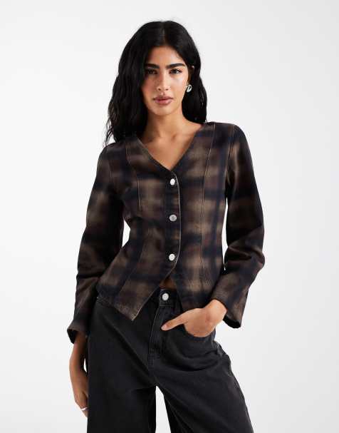 ASOS DESIGN – Rutig topp i denim med v-ringning - view 1