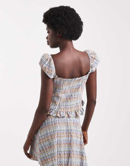 ASOS DESIGN – Rutig topp i milkmaid-stil med knappar framtill, del av set, 3 av 4