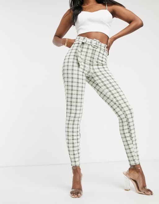 ASOS DESIGN – Rutiga byxor i jacquard-tyg med spänne