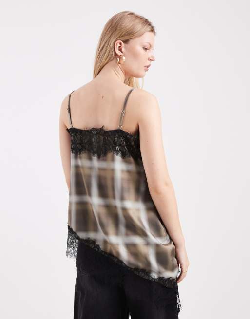 ASOS DESIGN – Rutigt, asymmetriskt linne i satin med spetskant, 3 av 4