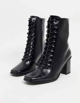 black square toe lace up boots