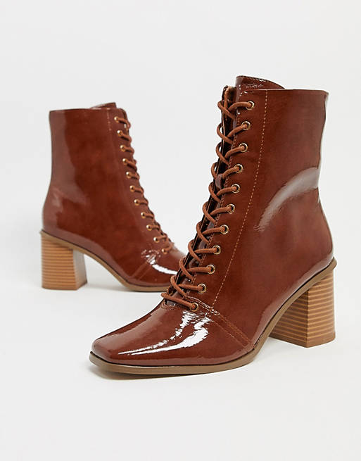 ASOS DESIGN Rylee square toe lace up boots in tan patent