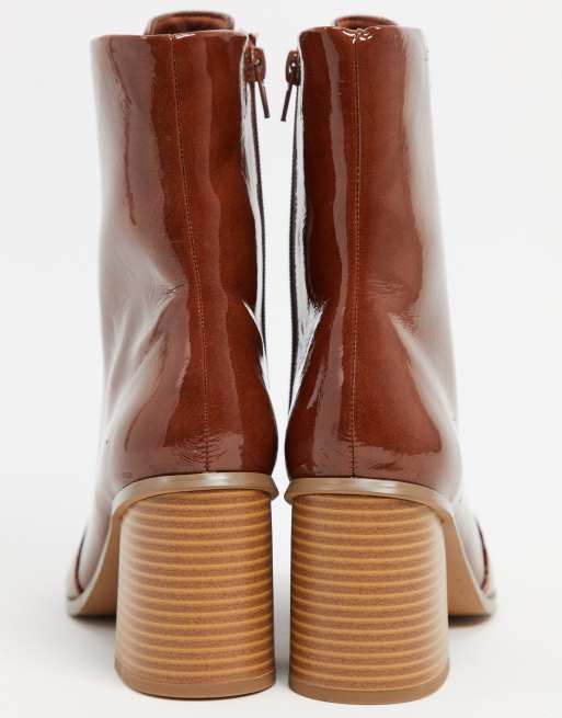 ASOS DESIGN Rylee square toe lace up boots in tan patent