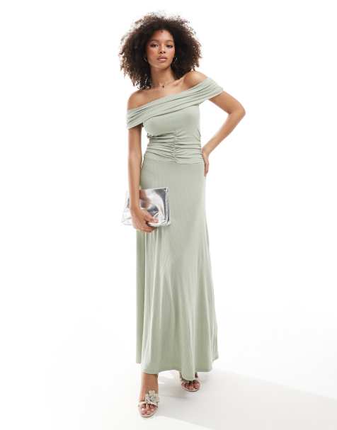 ASOS DESIGN - Rynket bardot-maxikjole i salviegrøn - view 1